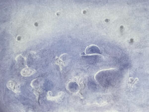 Pastel drawing in purple color , cosmic arc and undefined forms underneath