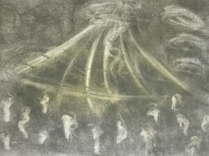 Pastel artwork showing a flying objects surrounded by beings